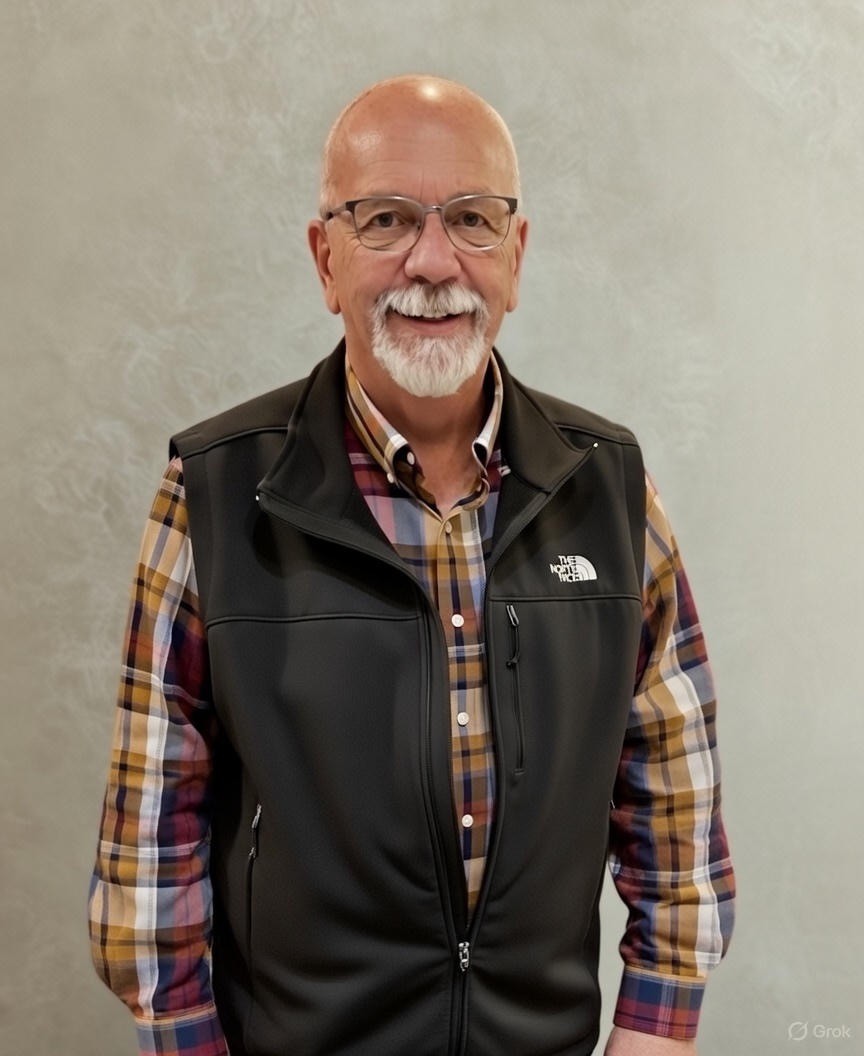 George Hoellen smiling, wearing glasses, a plaid shirt, and a black vest.